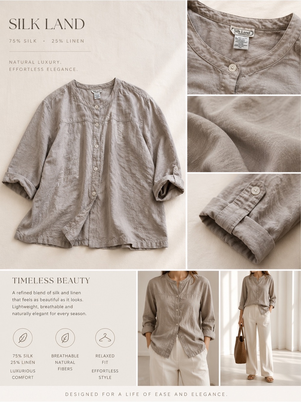 SilkLand Women's Silk-Linen Blouse — Taupe